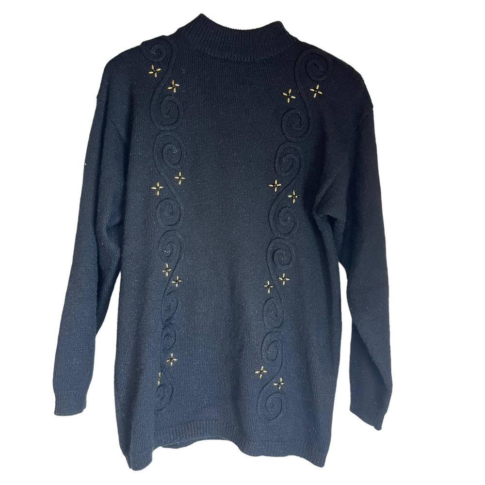 Vintage Leslie Fay Crew Neck Sweater Beaded Gold Flowers